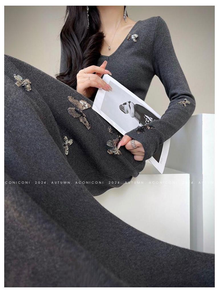 Butterfly Dream Woven Sequin Slim-Fit Mermaid Dress - Women's French Style Knit for Spring/Autumn