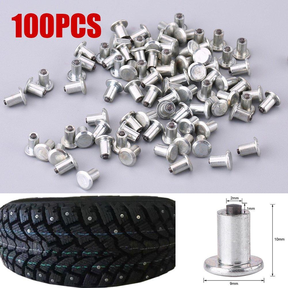Qiilu 100pcs Tire Stud Screws Tire Anti-Slip Tips for Auto SUV ATV 9mm
