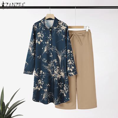 Lässiges zweiteiliges Anzug-Set für Damen mit langer Bluse und Hose im Print