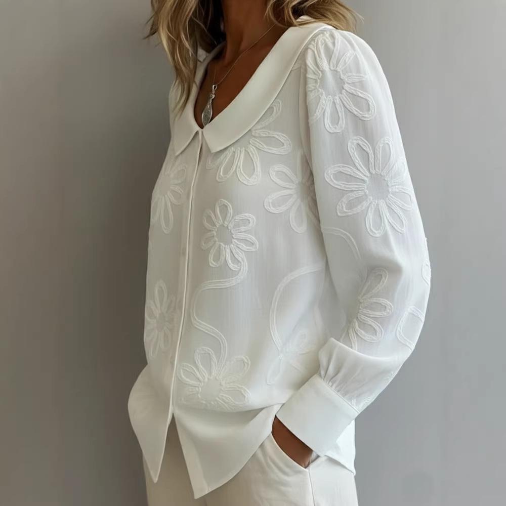 Frühjahr/Sommer 2026 Hemd mit Puppenkragen, langen Ärmeln, Stickerei und Jacquard