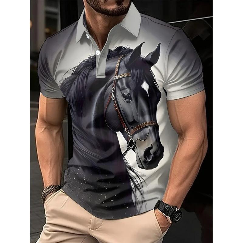 Men's black Polo shirt with purple gradient fluid pattern on the collar