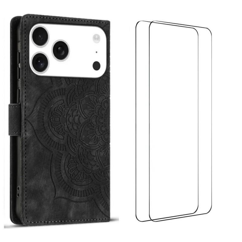 For iPhone 17 Pro Max Case with 2Pcs Tempered Glass WANLONFENG MTL Series Mandala Leather Phone Cover B