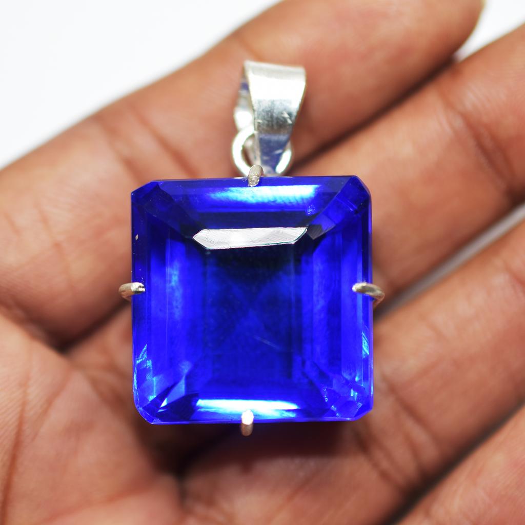 92.4 Ct Natural Blue Topaz Pendant 925 Sterling Silver square Gemstone CERTIFIED my-358-k