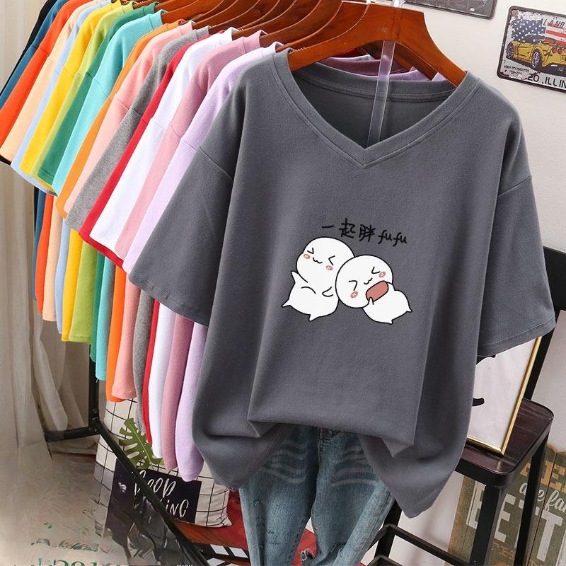 Camiseta de manga curta, Solta, Top V-neck Estampado Emagrecedor para Mulheres