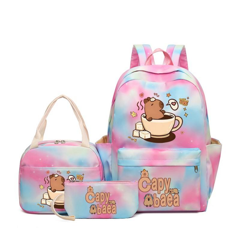 Capybara Cartoon Kids School Backpack Set With Pencil Case Lunch Bag - Large Capacity Breathable Waterproof Oxford Fabric