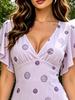 Women's Lavender V Neck Maxi Dress with Polka Dot Print Flare Sleeve Casual Party Dress for Summer