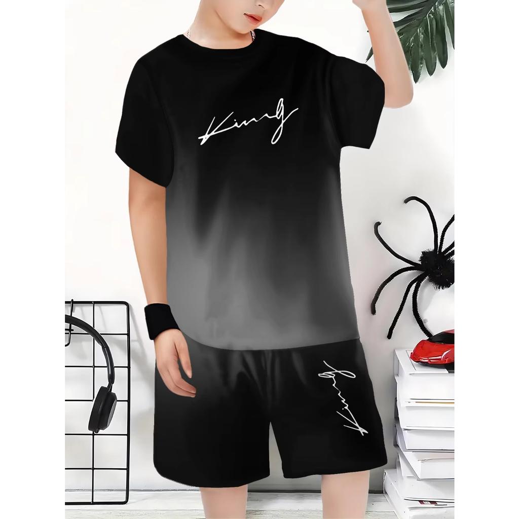 Kids Clothes King Letter Theme Gradient Printed Set for Boys  Summer Outdoor Children's Casual Fashion Streetwear Outfit