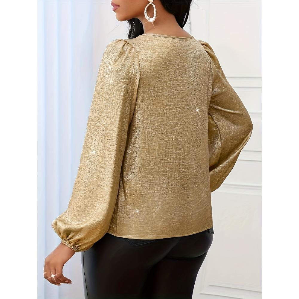 Elegantní směrová dámská metalická zlatá halenka - Lopatkový výstřih, lucernový rukáv, top s dlouhým rukávem, pro čtyři roční období, pro svatebního hosta a do práce