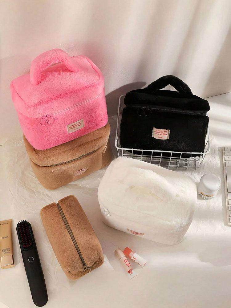 1PC Simple Pure Color Plush Makeup Bag Korean Portable Bag High Appearance Level Large Capacity Wash Bag for Women