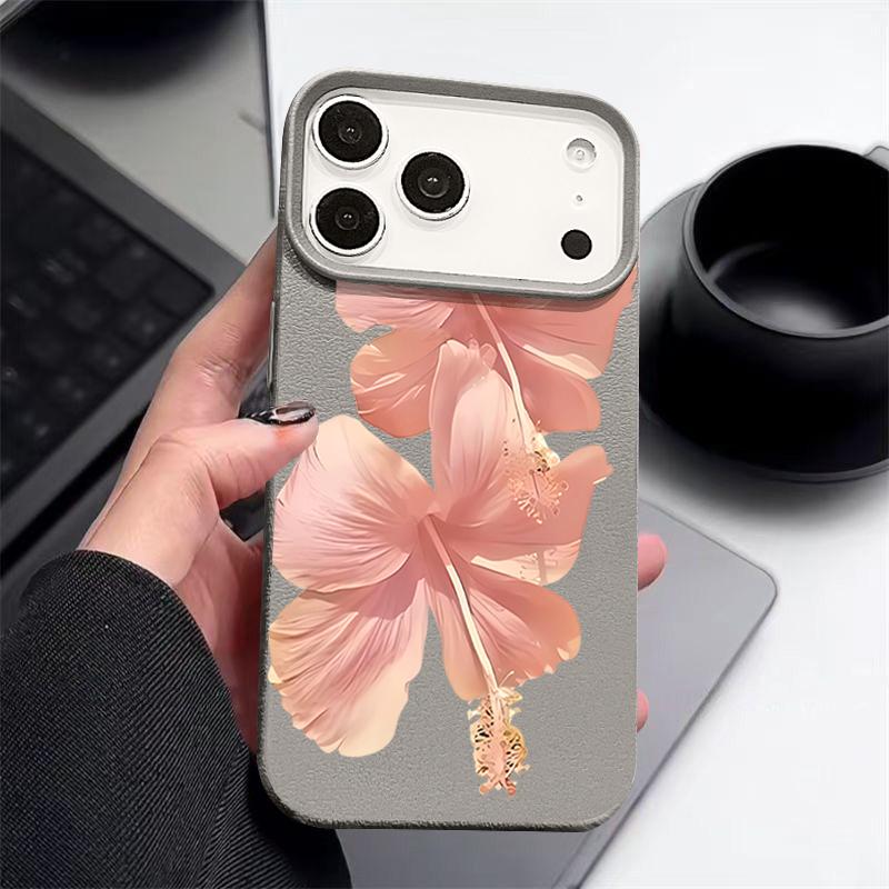 Pouzdro Pro iPhone 17 Pro Max Růžový vzor ibišku Kožená textura Silikonový kryt Pro iPhone 16 Pro Max 15 14 13 12 11 Air 16E