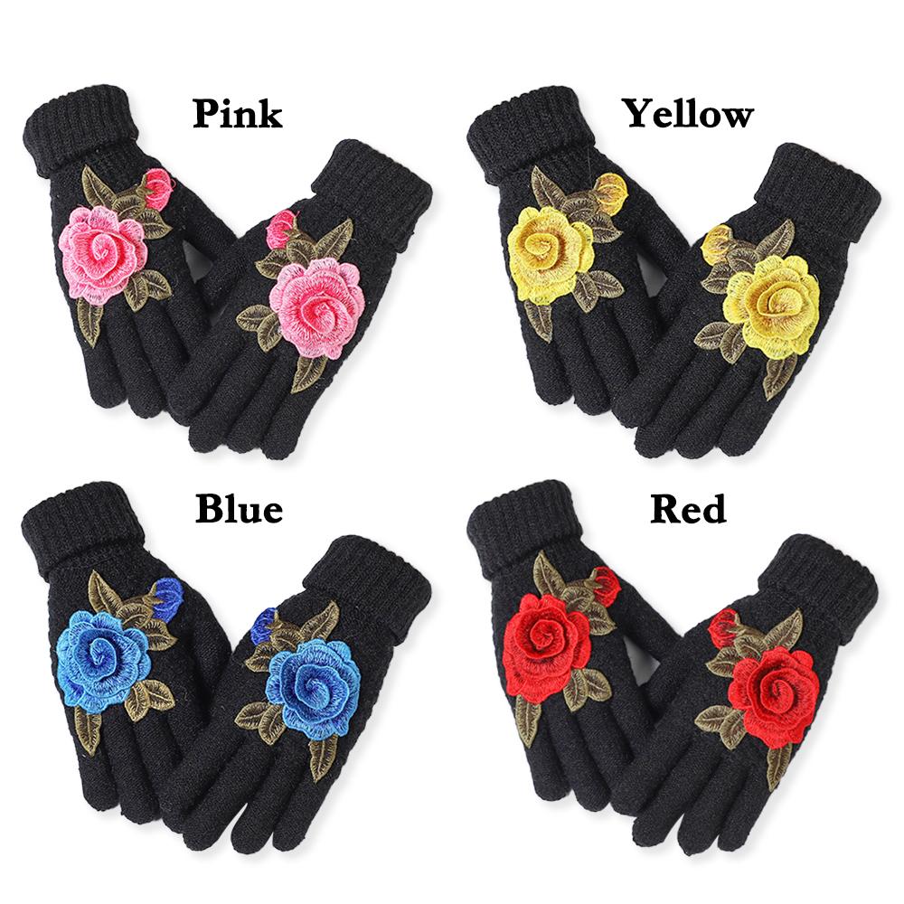 Soft Winter Gloves Embroidered Flower All Finger Gloves Knitted Gloves  Outdoor Cycling Driving