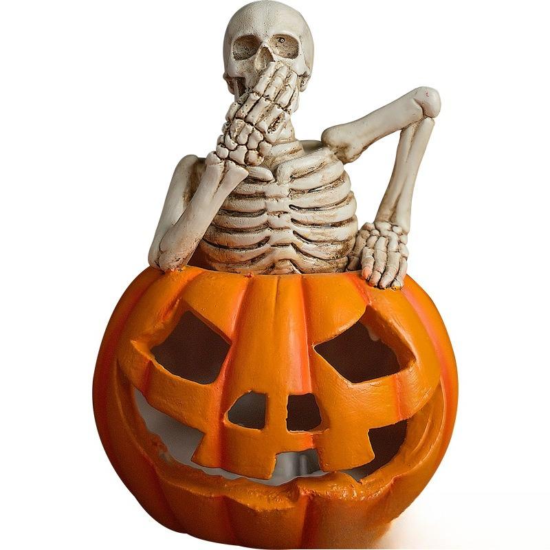 Resin Handicrafts Cartoon Halloween Skull Statue Skeleton Sculpture Hollowed-out Pumpkin Home Decoration Accessories