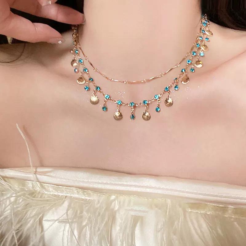 The Little Mermaid Blue Seashell Double-Layer Gold Choker Necklace