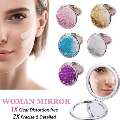 Girly Heart Student Quicksand Double-Sided Magnifying Mirror Cute Handheld Small Portable Flip Fold Stacking Makeup Mirror