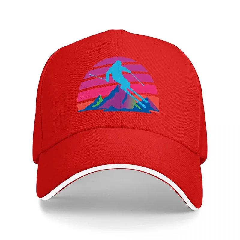 Retro Ski Mountain Sunset Design Black Baseball Cap with Vibrant Gradient Art and Silhouette Pattern for Outdoor Enthusiasts Adjustable