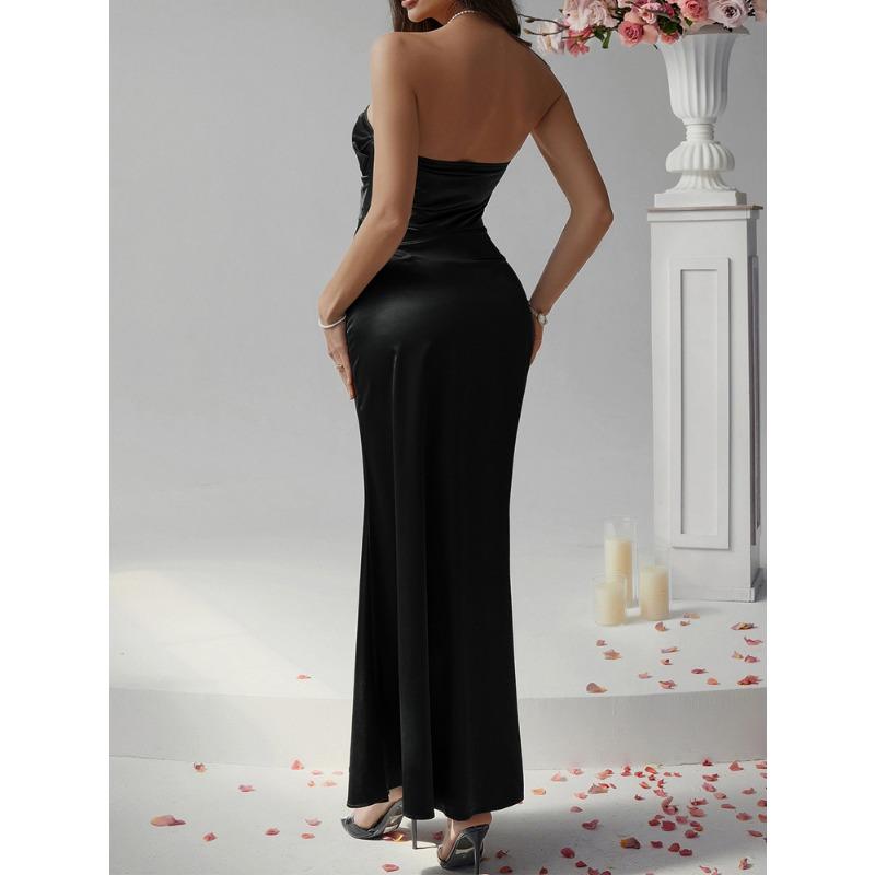 Female Slim Solid Color Strap Breast Evening Dress Long Skirt Women's Clothing