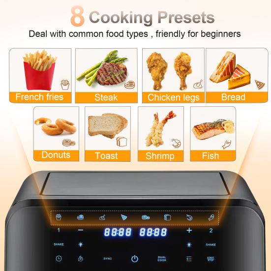 Friteuses à air chaud double zone avec fenêtre de visualisation Capacité 9L Double friteuse à air 2 tiroirs Écran tactile Fonction minuteur intelligent (EU Plug)