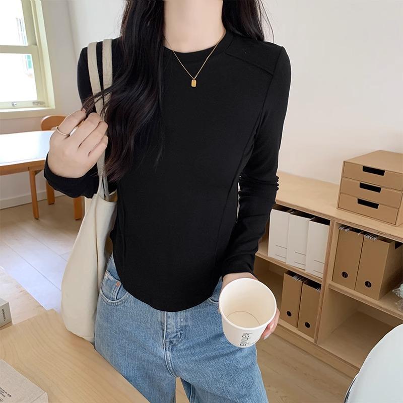 

Американская ретро футболка с длинным рукавом для женщин на начало осени новый дизайн изогнутый подол круглый вырез однотонный приталенный топ с косточками 2XL