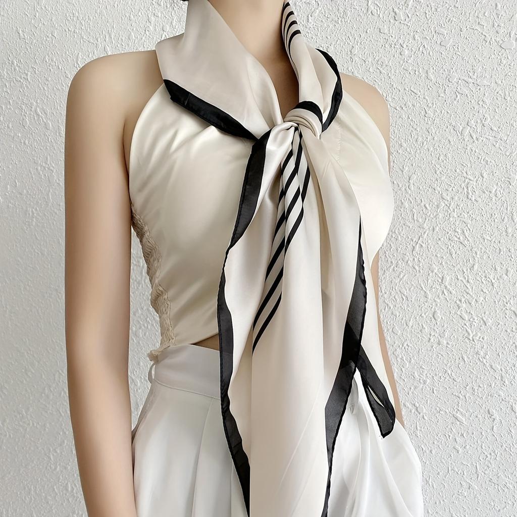 35.43" Black/White Striped Square Scarf, Elegant Simulated Silk Thin Shawl, Casual Sunscreen Windproof Head Wrap For Women