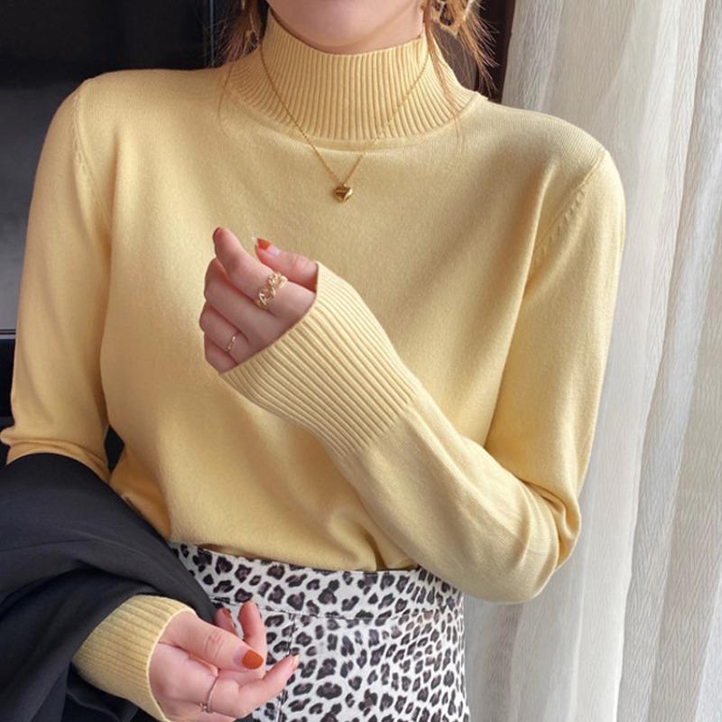 Autumn and Winter Pullovers Sweaters Women Fashion Loose Half High Neck Base Women Knitted Sweater Tops Elegant Solid Simple Ladies Knit Jumper 25730
