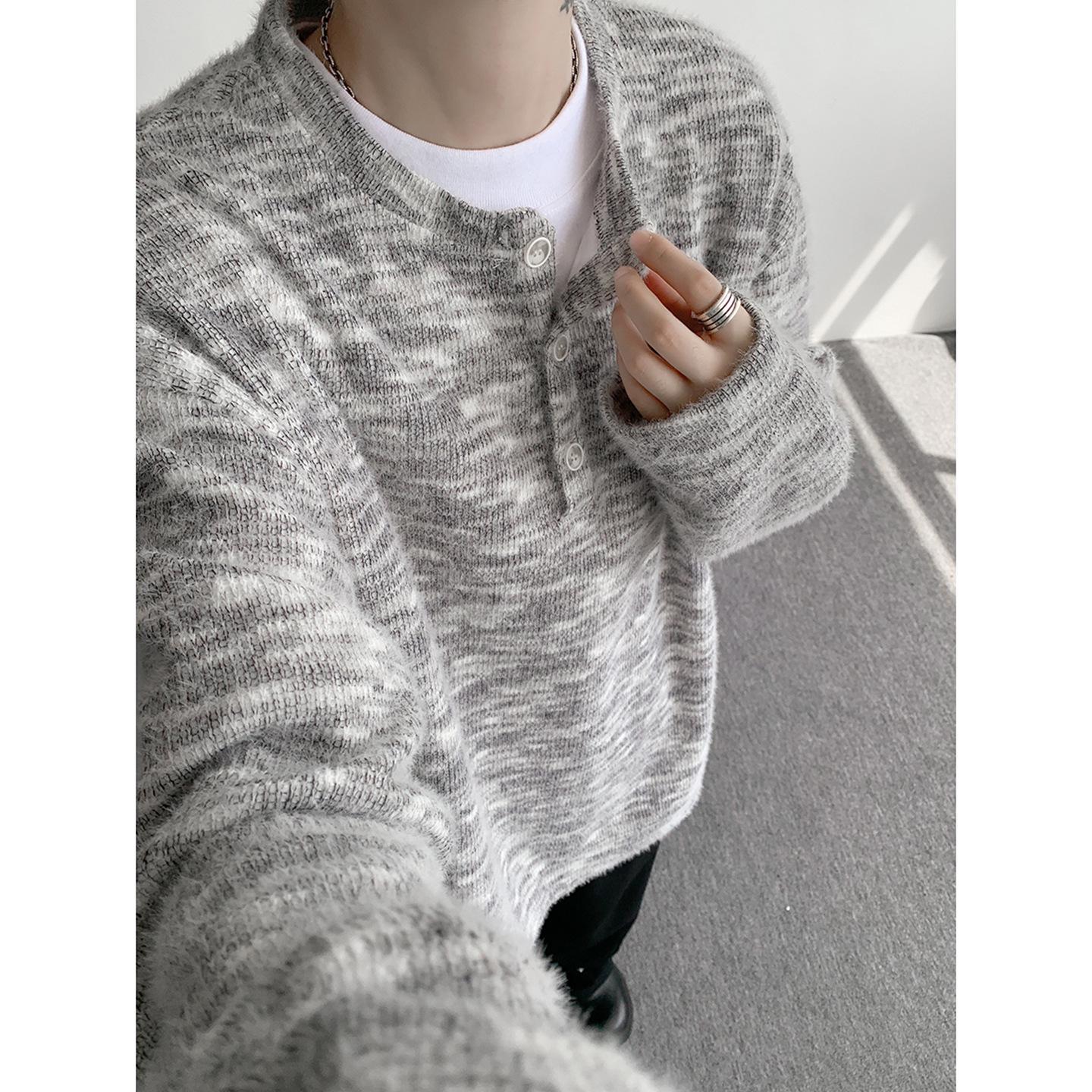 Men s Grey Tie-Dye Henley Knit Sweatshirt - Autumn Cleanfit Style Sweater Top L