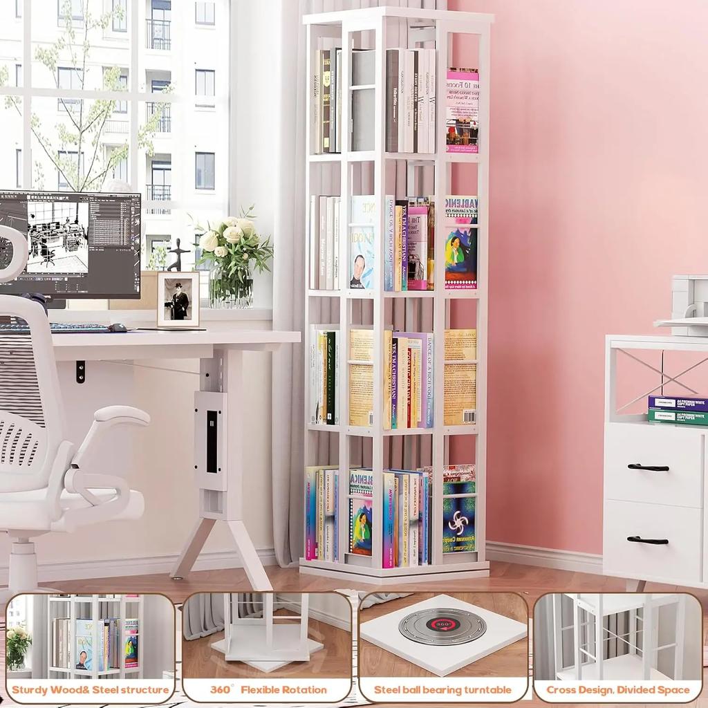 360 Display Rotating Bookshelf, Corner Bookshelf, Wood Spinning Bookshelf, Floor Standing Bookcase Narrow Shelf Revolving