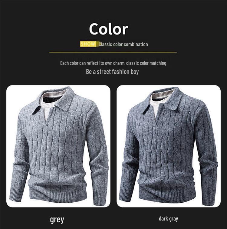 Cross2025 Men's Autumn/Winter Cable Knit Polo Sweater: Trendy European Twist with Lapel and Long Sleeves