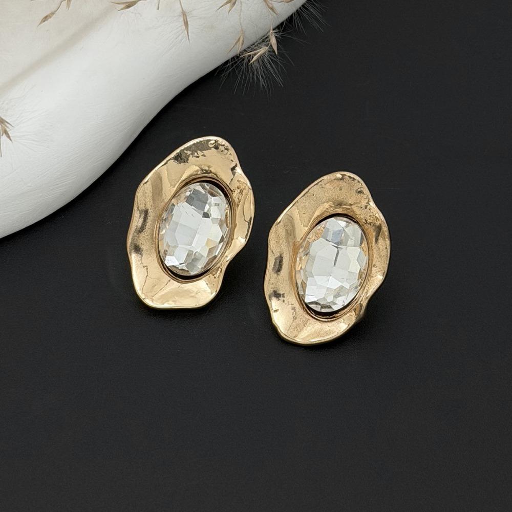 Irregular liquid metal wrinkled earrings with temperament for commuting, diamond studded transparent gemstone earrings for women