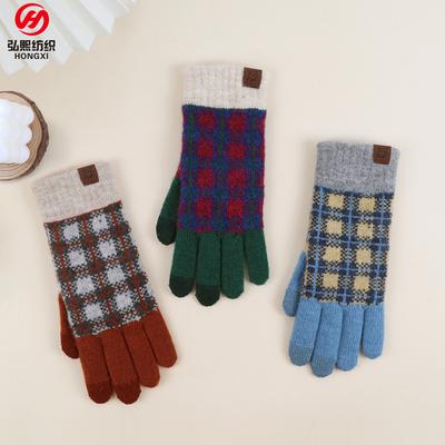 Adult Wool Winter Gloves Women's Japanese and Korean Plaid Outdoor Warm and Cold-proof Velvet Knitted Cycling Full-finger Gloves