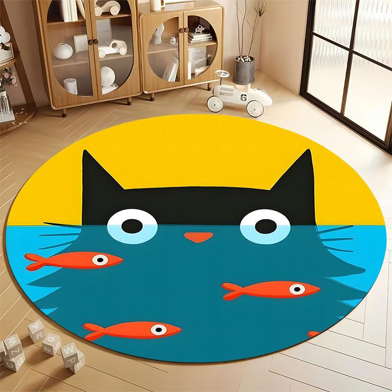 

Colorful Cat and Fish Playful Kids Room Rug round carpet for home sofa bedroom, gift Diameter 60cm
