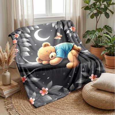 Teddy Bear Sleeps On Branch Under Moon Theme Blanket Lightweight Warm Flannel Blanket Decorative Throw Blanket for Home Decoration