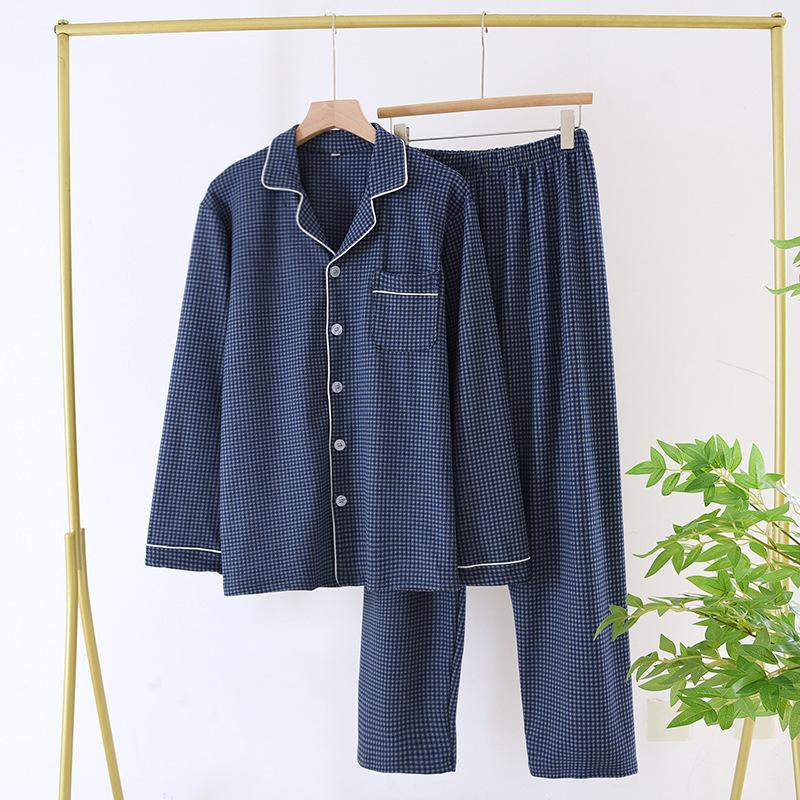 Men's Pajama Set Fall Winter Thick Warm Long Sleeve Tops Pants Pajama Sets Soft Plaid 2 Piece Button Down Lounge Set for Men Lapel Comfort Sleepwear