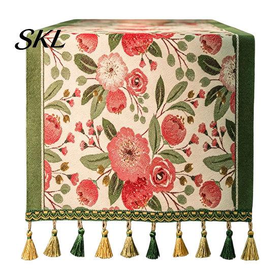 Elegant Dining Table Decor Jacquard Floral Runner, Vintage Peony Farmhouse Runner with Tassels for Home Wedding Party Tassel Edge