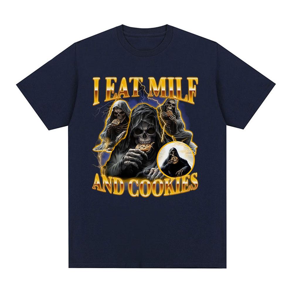 

I Eat Milf and Cookies Skeleton Fun Meme Pattern Tshirt New Hot Selling Mens Womens Casual Cotton Fashion Tshirt Top S
