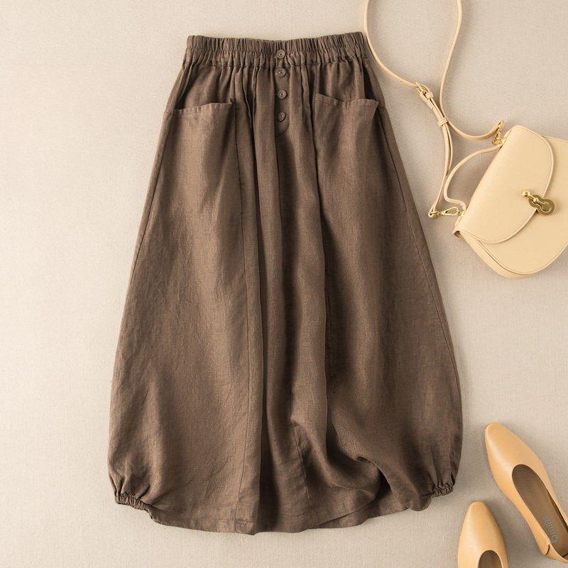 Gonna Midi A-line da Donna Taglie Forti Stile Retro Imitazione Lino Vita Alta Modellante