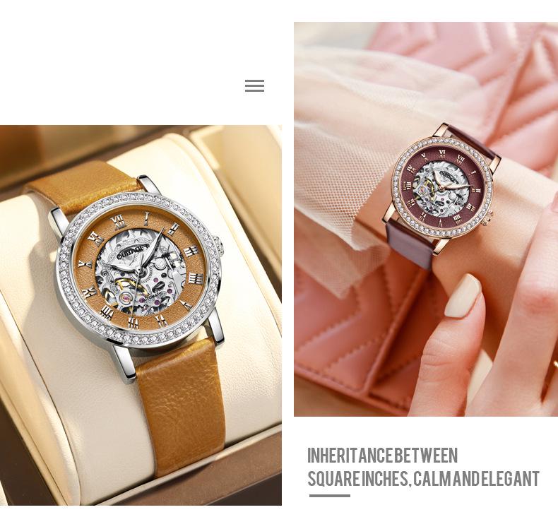 OUBAOER Women's Casual Mechanical Watch with Roman Numeral Dial, Waterproof Design