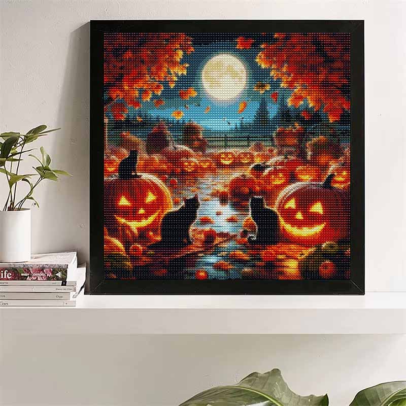 DIY Diamond Painting Canvas Pumpkin Night Cat Full Moon Pattern 5D Rhinestone Art Kit for Home Wall Decor Craft Hobby Set