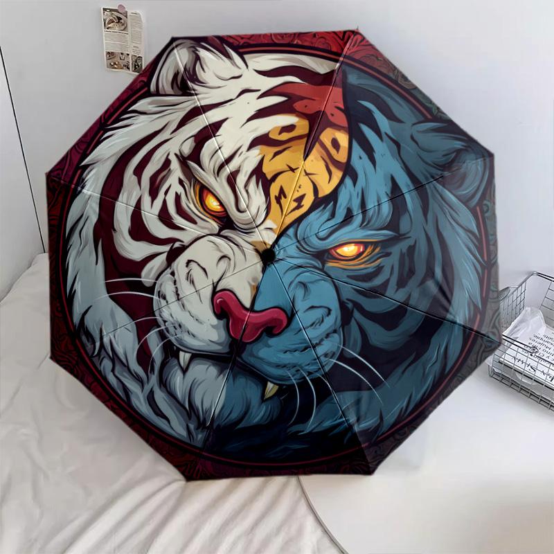 Ferocious Tiger Pattern, Automatic Folding Umbrella, Portable and Foldable Design, 8 Ribs, a Christmas or Birthday Gift.