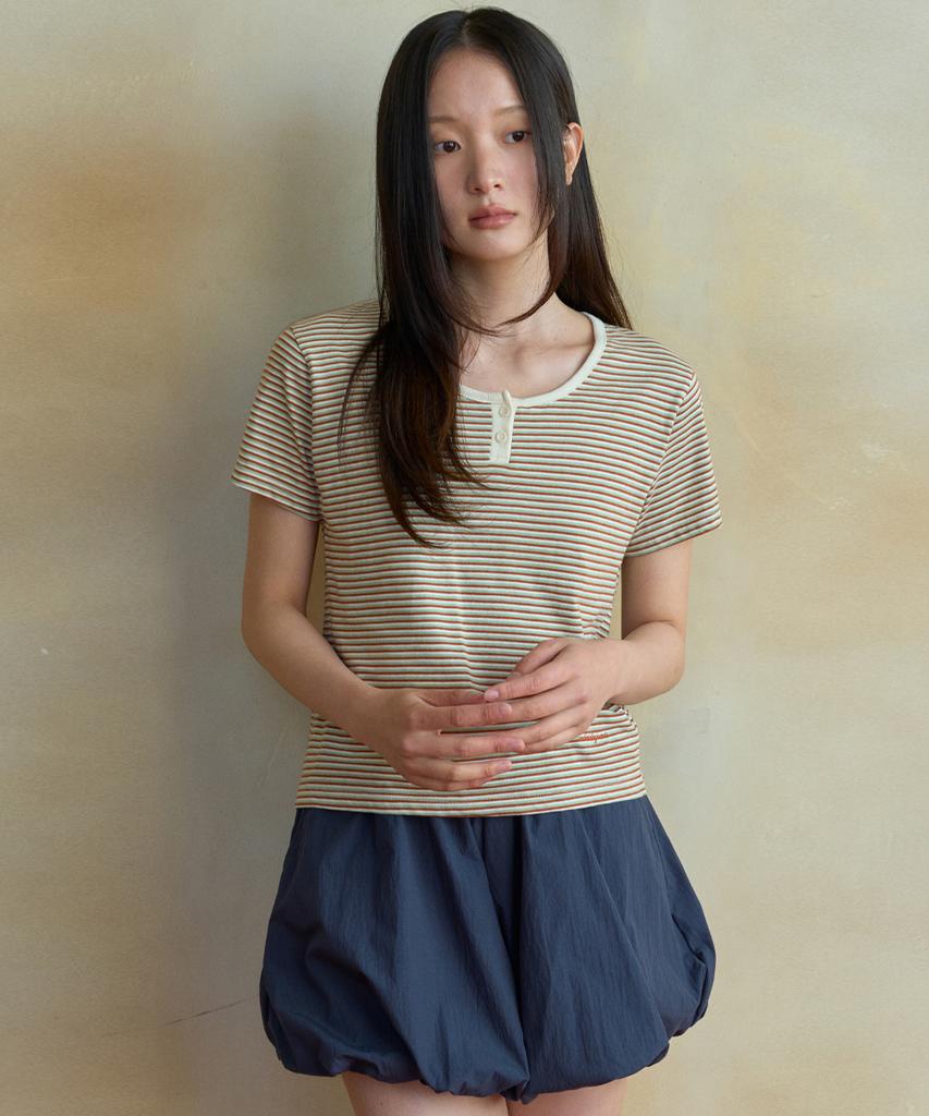 Wednesday Oasis For Woman Allo Stripe Henley Neck Short Sleeve T-Shirt_Orange(Wb6Tp29)