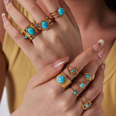 Trendy European & American 18K Gold-Plated Stainless Steel Adjustable Turquoise Ring