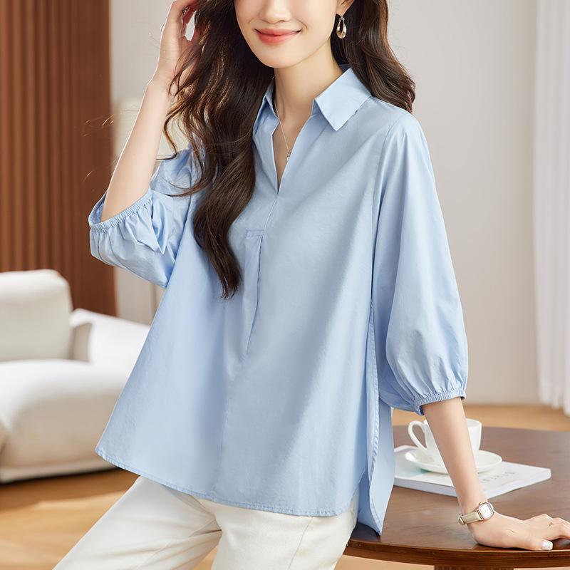 

Женская рубашка с лацканами, разрезом в боковом шве и рукавом три четверти, новый стиль весна-лето, повседневный и универсальный топ XXL синий
