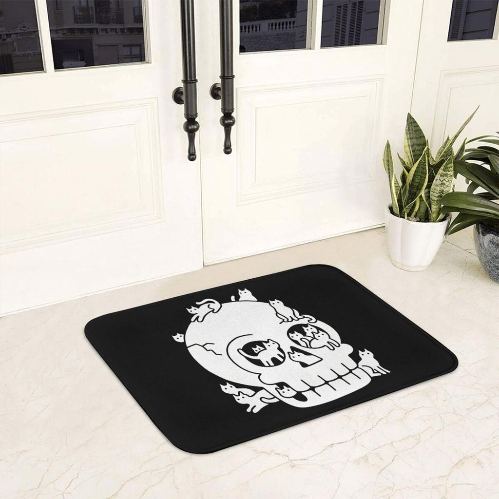 1pc Skull with Cats Doodle Bath Mat, Lightweight Polyester 100% Rectangle Machine Washable Doormat, Machine Made Home Decor Rug