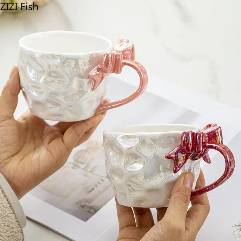 Pearl Color Glazed Porcelain Cups Lovely Bowknot Cup Handle Coffee Mug Dining Table Milk Mugs Afternoon Tea Teacup Juice Cup