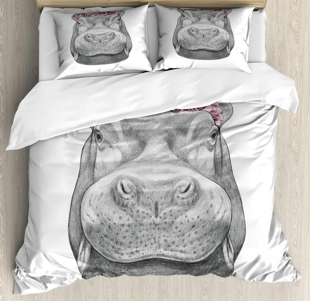 Federa per Piumone Ippopotamo Cartone Animato Foglia di Palma Ippopotamo Carino Monstera Ramo Foglia Verde Tema Genitori Animale Selvatico Decorazione Stanza Per Bambini