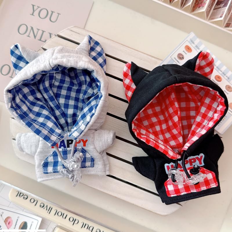 Plüschkleidung, Gingham-karierter Kapuzenpullover mit Katzenohren für 10 cm Plüschtiere, Grau, Oshikatsu-Artikel [Gebraucht]