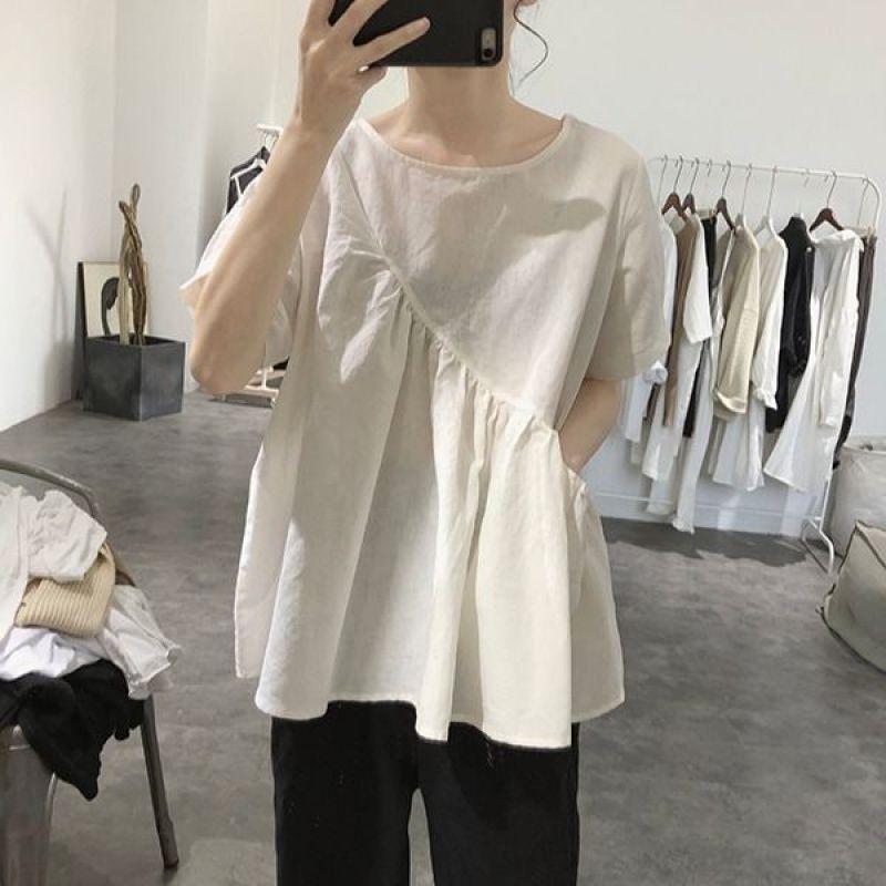 Plus Size Women's Korean Irregular T-shirts Summer Casual Loose Round Neck Short Sleeves Tops