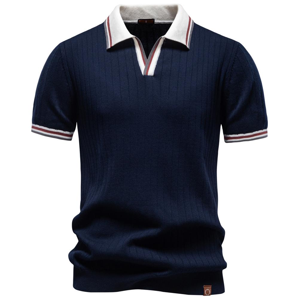 AIOPESON Men's Contrast Trim V-Neck Polo Cotton Knit Breathable Short Sleeve Old Money Golf Shirt Ribbed Top