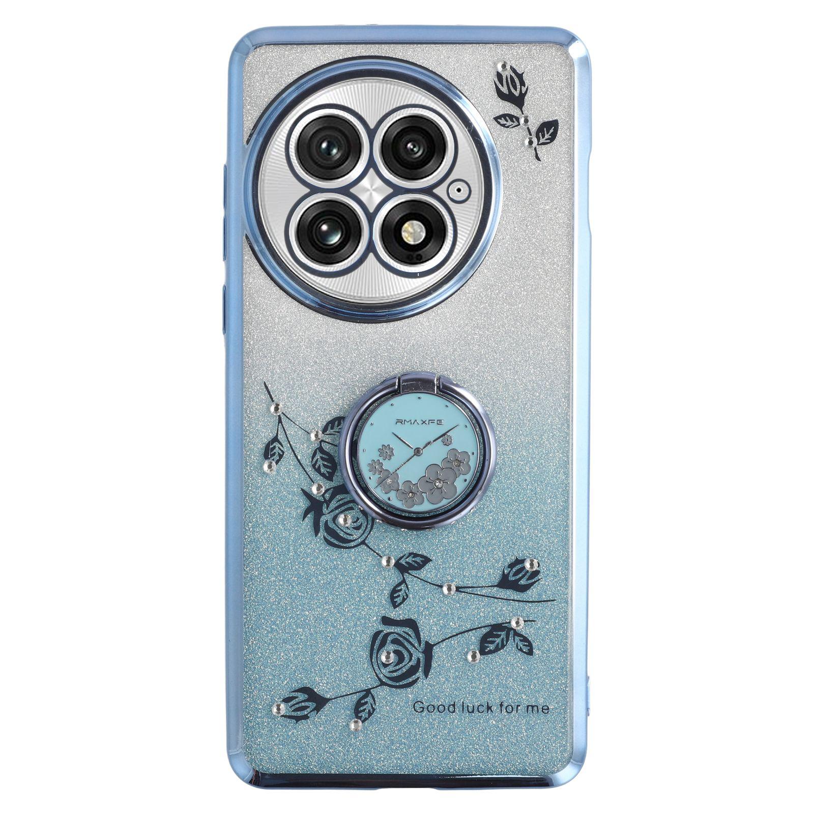 

For OnePlus 13 Case Ring Kickstand TPU Flowers Phone Cover Gradient Glitter Blue