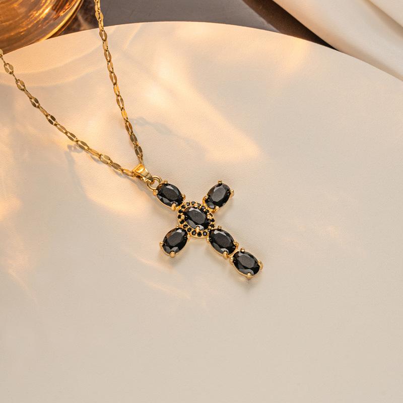New Copper Micro Zirconia Necklace Multi-coloured Cross Pendant Hip Hop Necklace Collar Bone Chain Women's Necklace