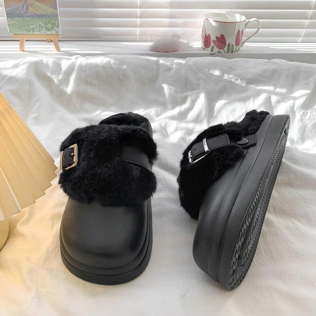 Waterproof Eva Thick Bottom Furry Clogs Women Winter Metal Buckle Fluffy Fur Outdoor Slippers Women's Warm Plush Slippers